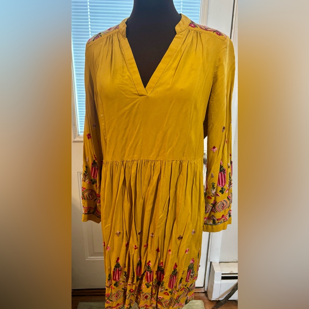 Anthropologie Yellow Long Sleeve Dress with Embroidery